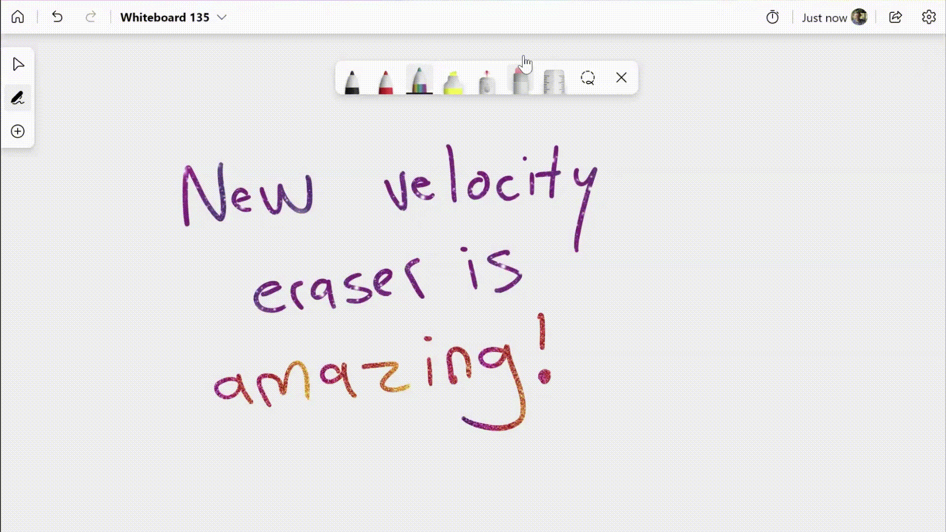 An animated image demonstrating the new partial eraser, which gets bigger the faster you erase on a whiteboard.