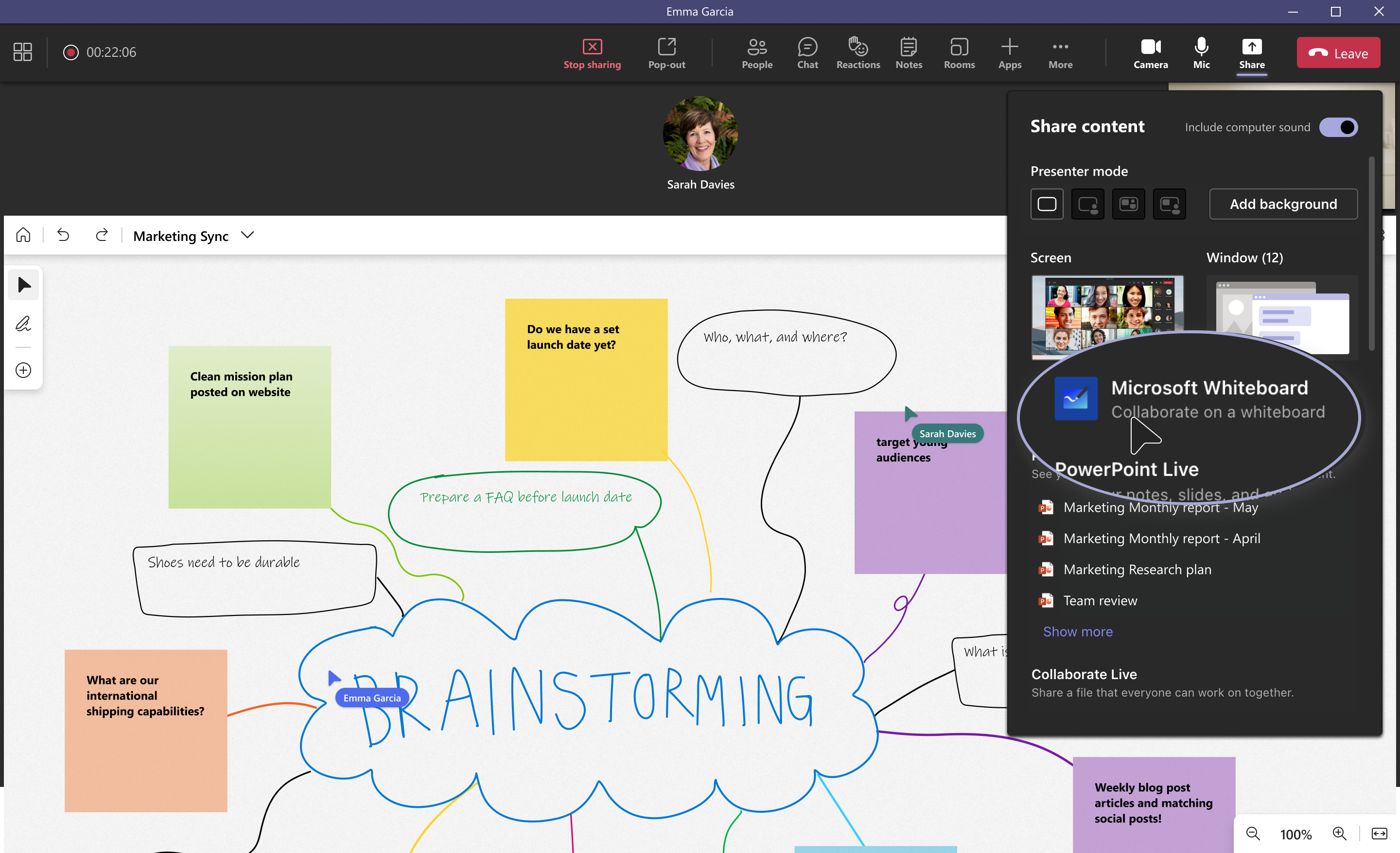 An image demonstrating how to start collaborating in Microsoft Whiteboard in a Teams meeting.