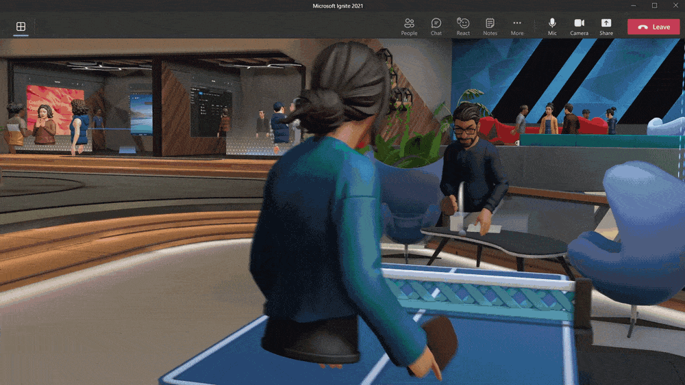Teams client showing a Mesh for Microsoft Teams immersive space. The immersive space is filled with avatars that are connecting and collaborating. PHOTO: Microsoft